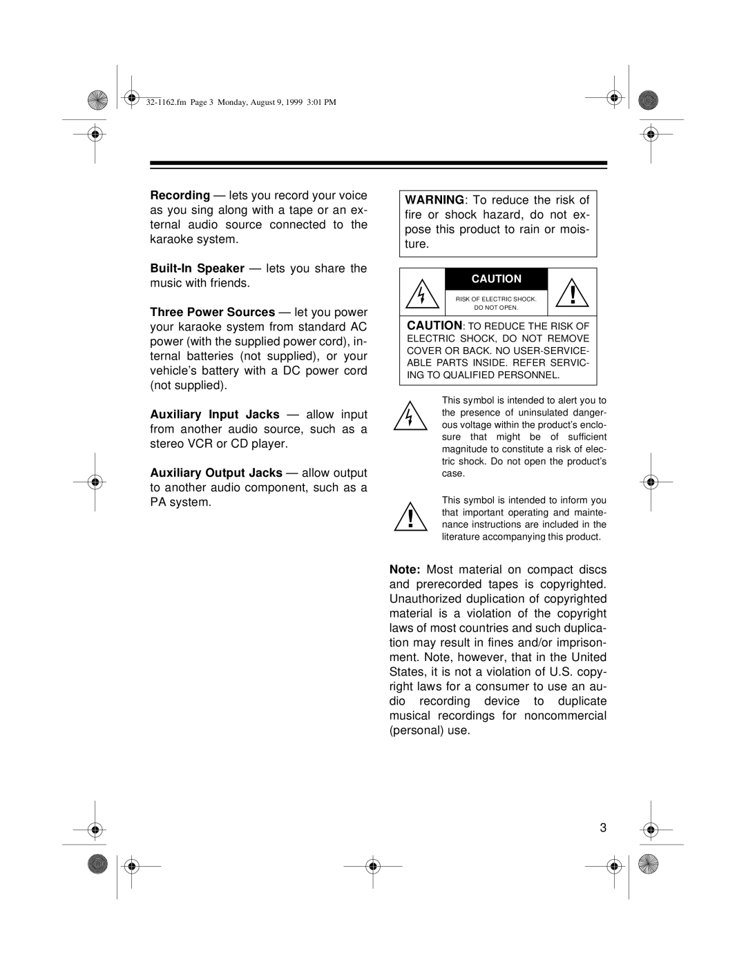 Optimus 32-1162 owner manual Fm Page 3 Monday, August 9, 1999 301 PM 