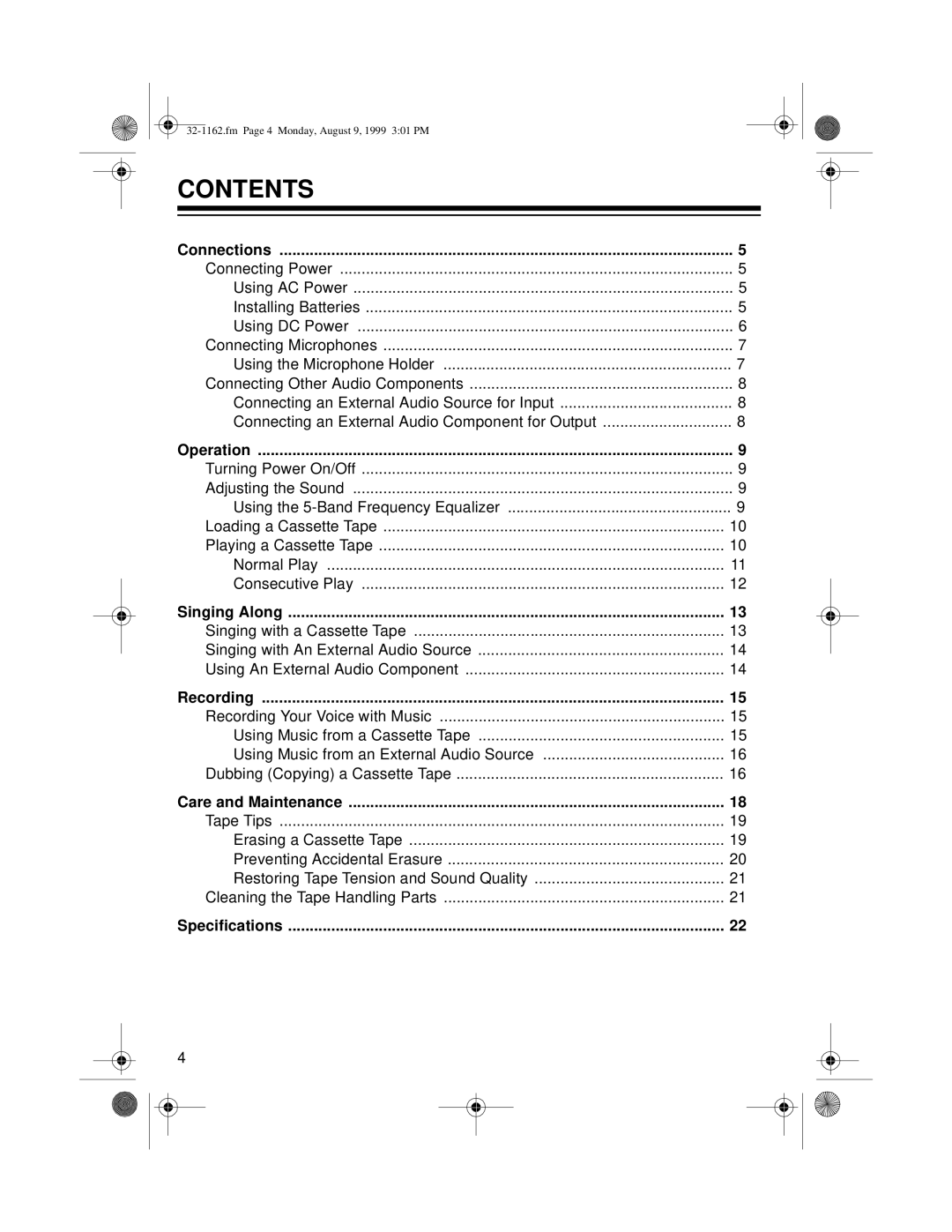 Optimus 32-1162 owner manual Contents 