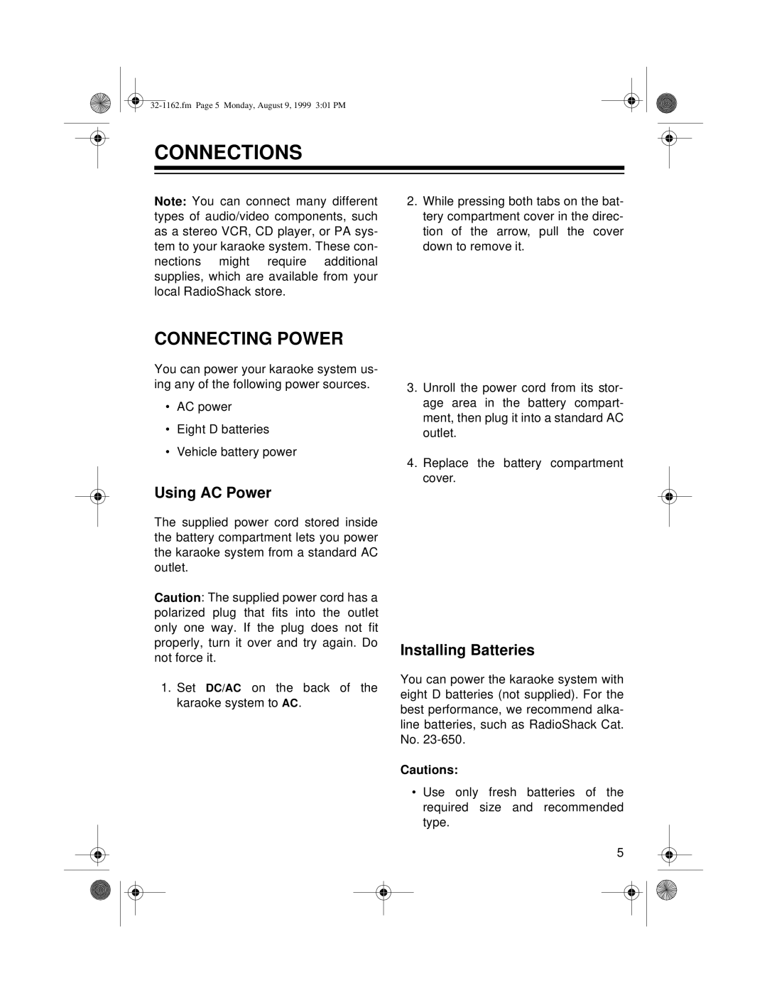 Optimus 32-1162 owner manual Connections, Connecting Power, Using AC Power, Installing Batteries 