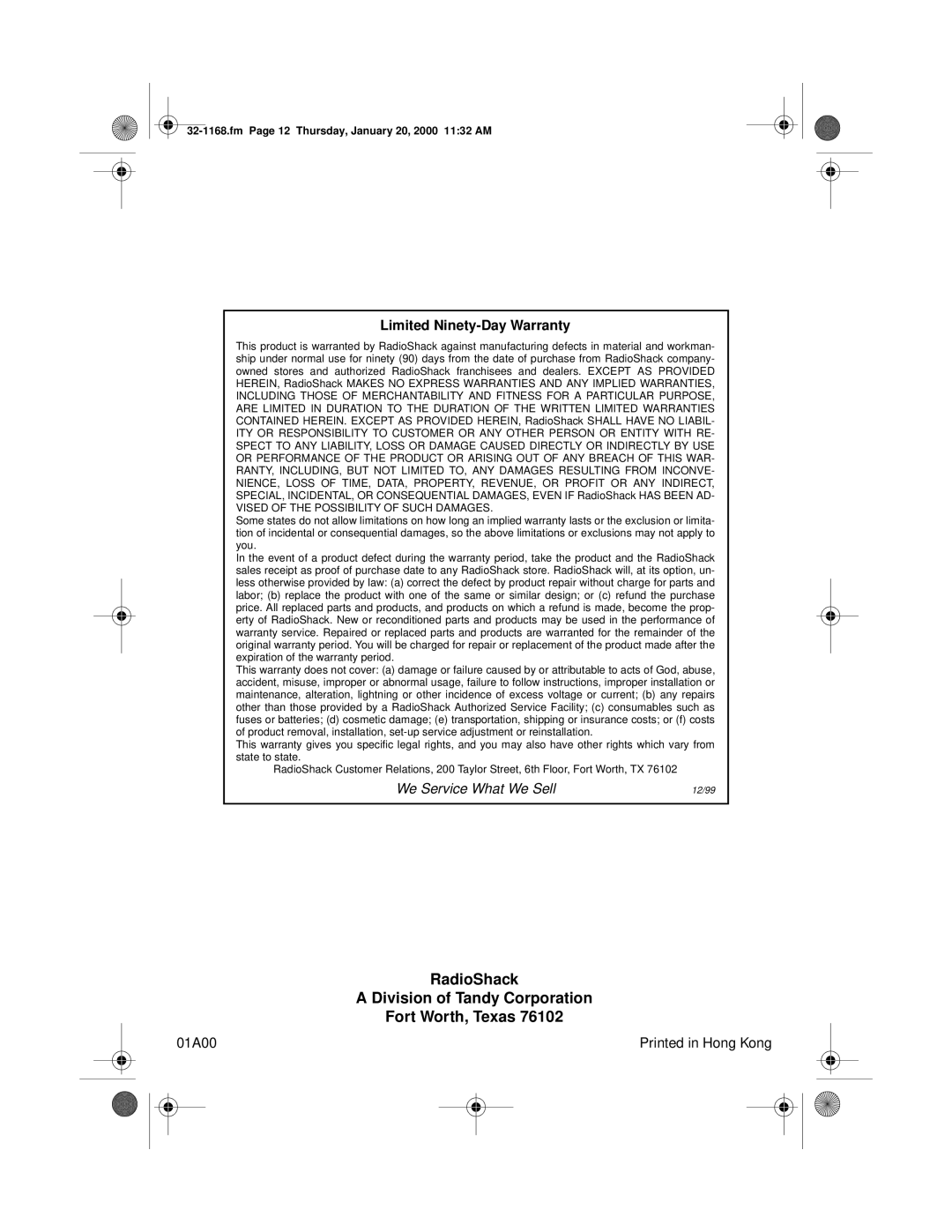 Optimus 32-1168 owner manual RadioShack Division of Tandy Corporation Fort Worth, Texas 