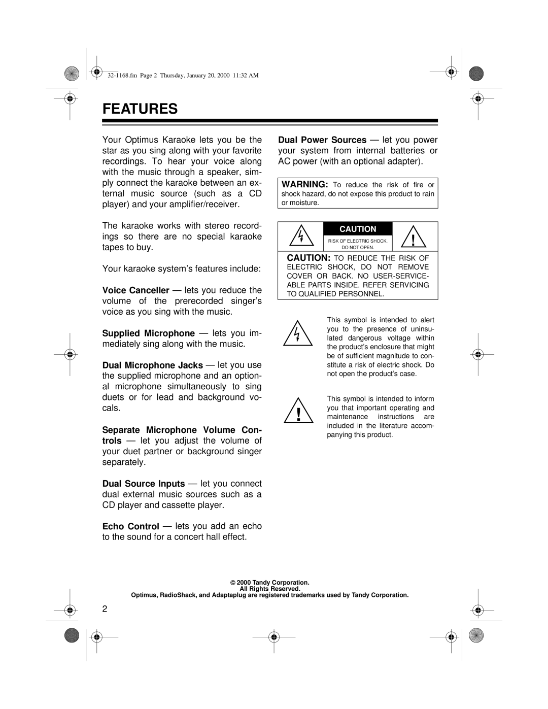 Optimus 32-1168 owner manual Features 