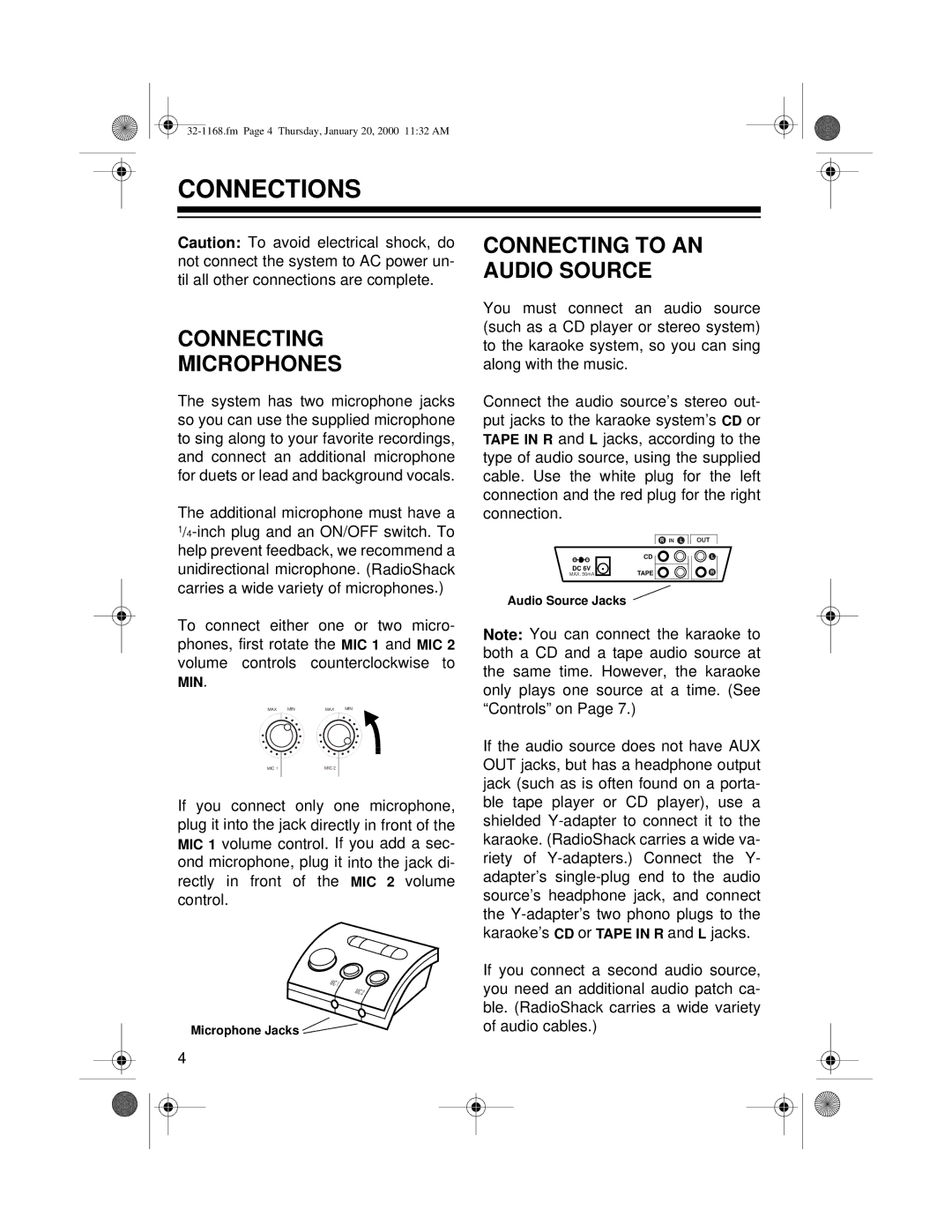 Optimus 32-1168 owner manual Connections, Connecting Microphones, Connecting to AN Audio Source 