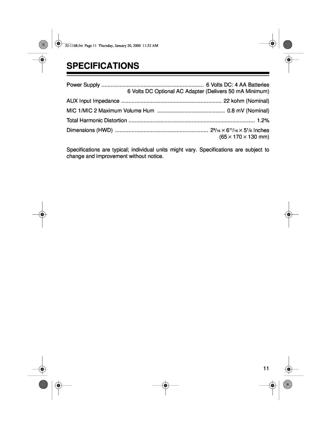 Optimus 32-1168 owner manual Specifications 