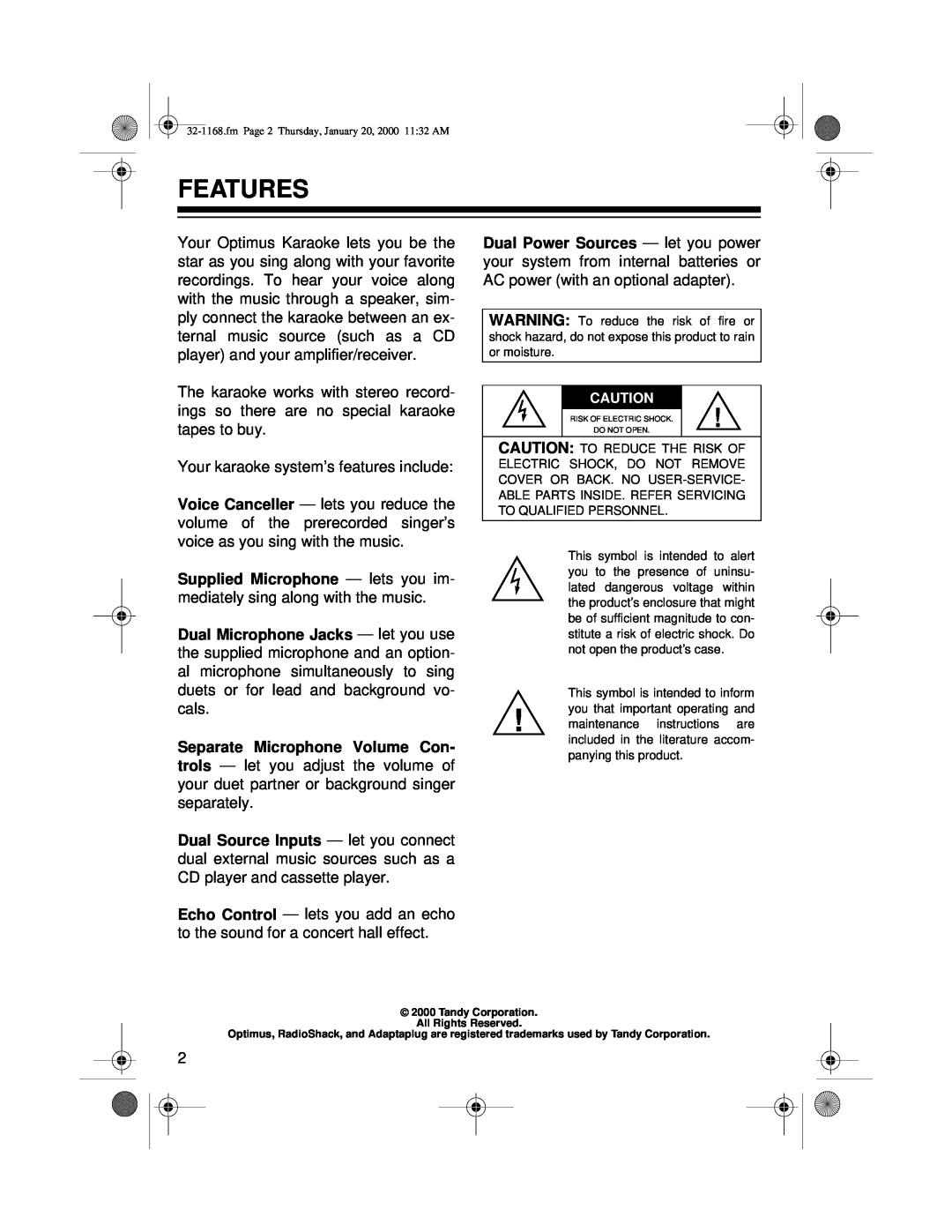 Optimus 32-1168 owner manual Features 