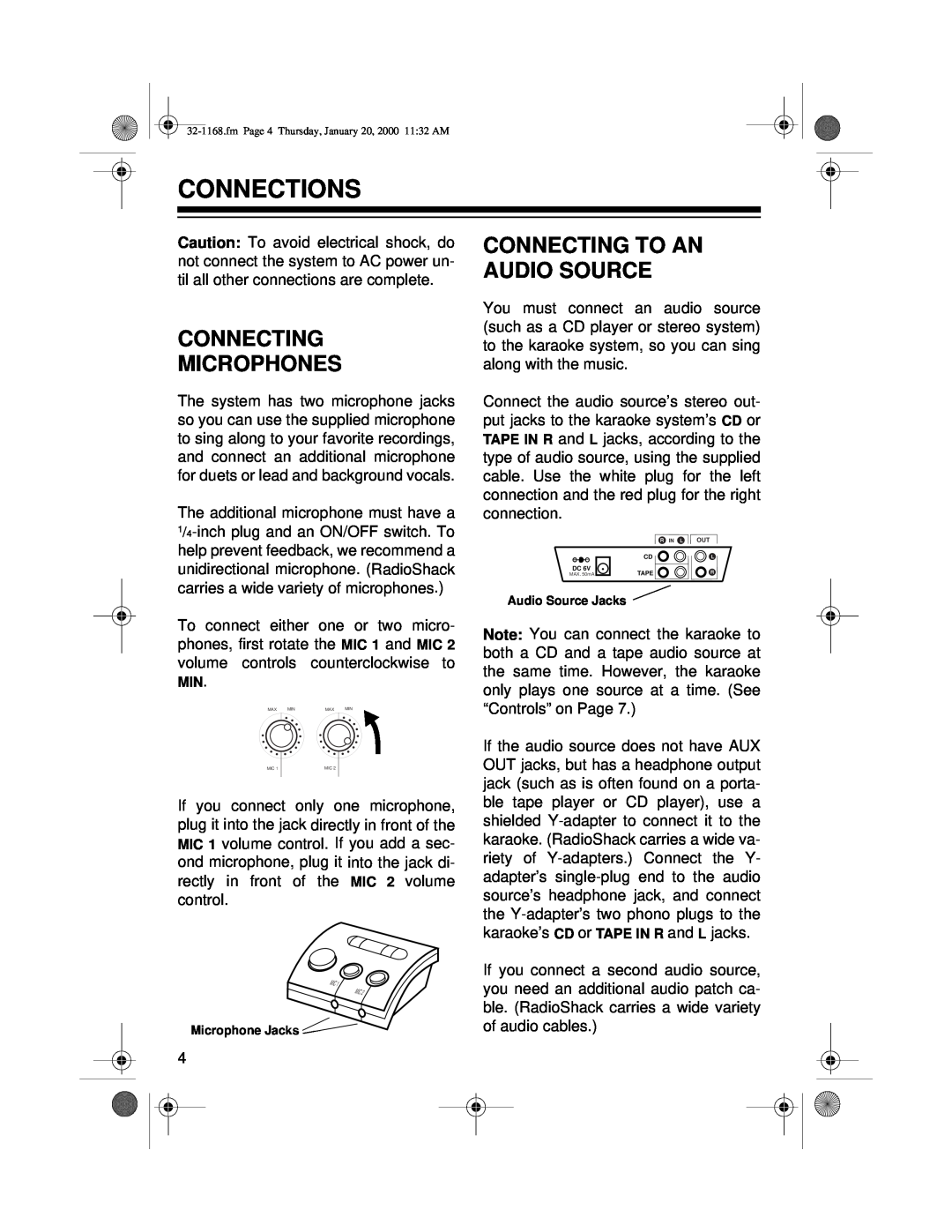 Optimus 32-1168 owner manual Connections, Connecting Microphones, Connecting To An Audio Source 