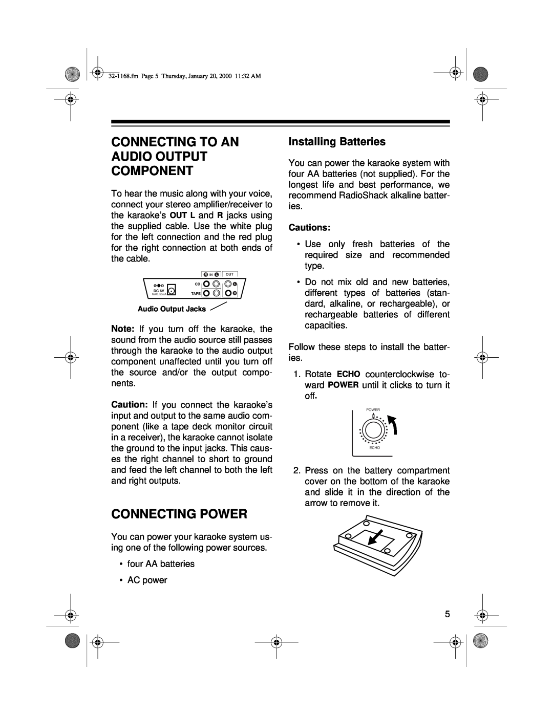 Optimus 32-1168 owner manual Connecting To An Audio Output Component, Connecting Power, Installing Batteries 