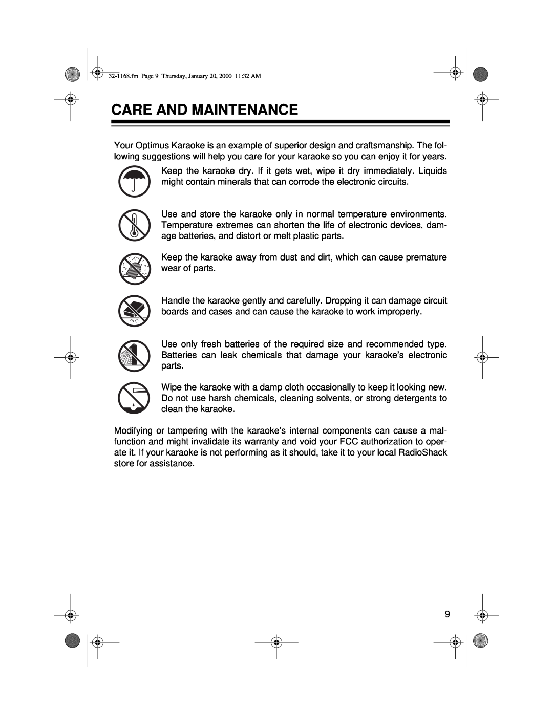 Optimus 32-1168 owner manual Care And Maintenance, fm Page 9 Thursday, January 20, 2000 1132 AM 