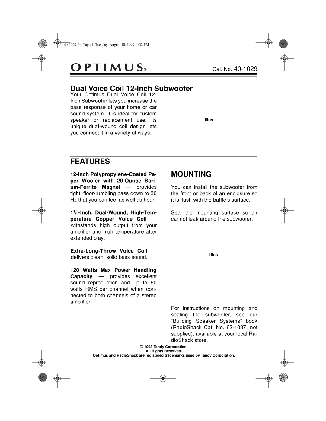 Optimus 40-1029 manual Features, Mounting 