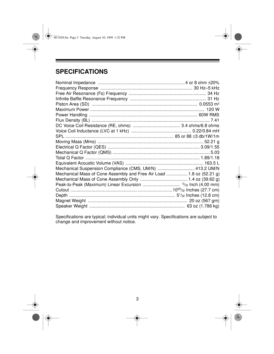 Optimus 40-1029 manual Specifications, 60W RMS 