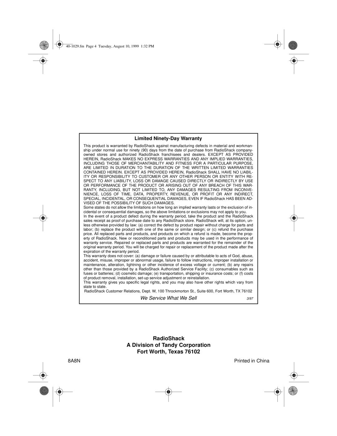 Optimus 40-1029 manual RadioShack Division of Tandy Corporation Fort Worth, Texas 