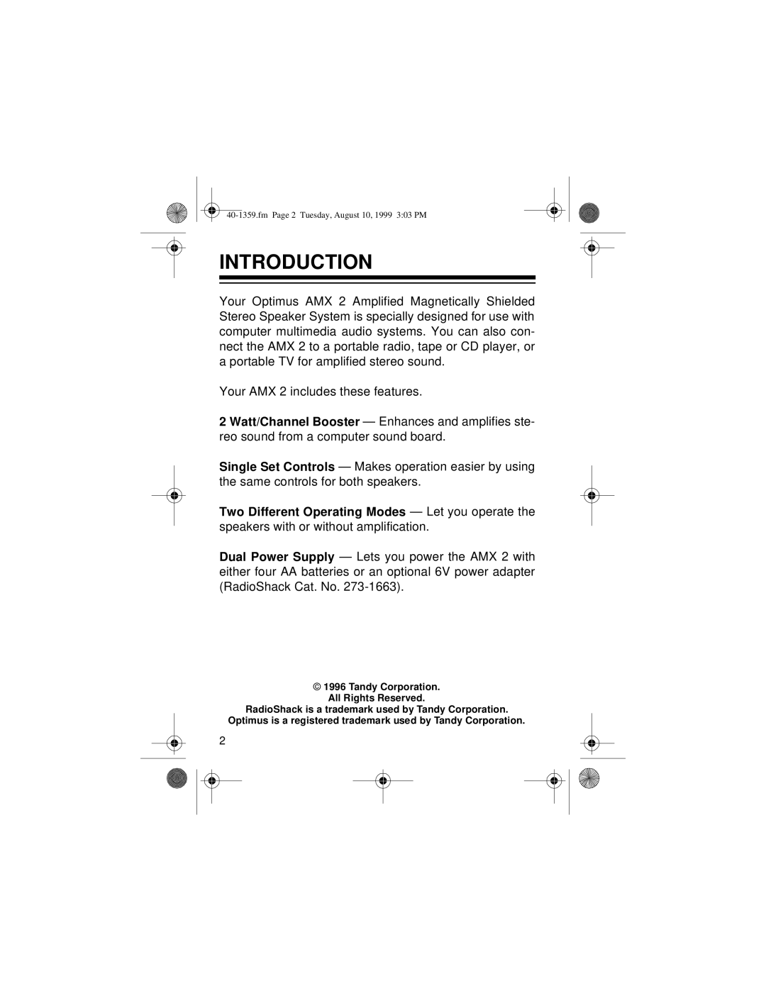 Optimus 40-1359 owner manual Introduction 