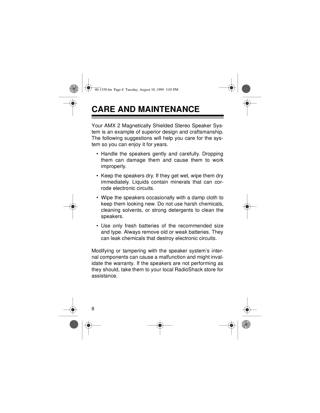 Optimus 40-1359 owner manual Care And Maintenance, fmPage 8 Tuesday, August 10, 1999 3 03 PM 