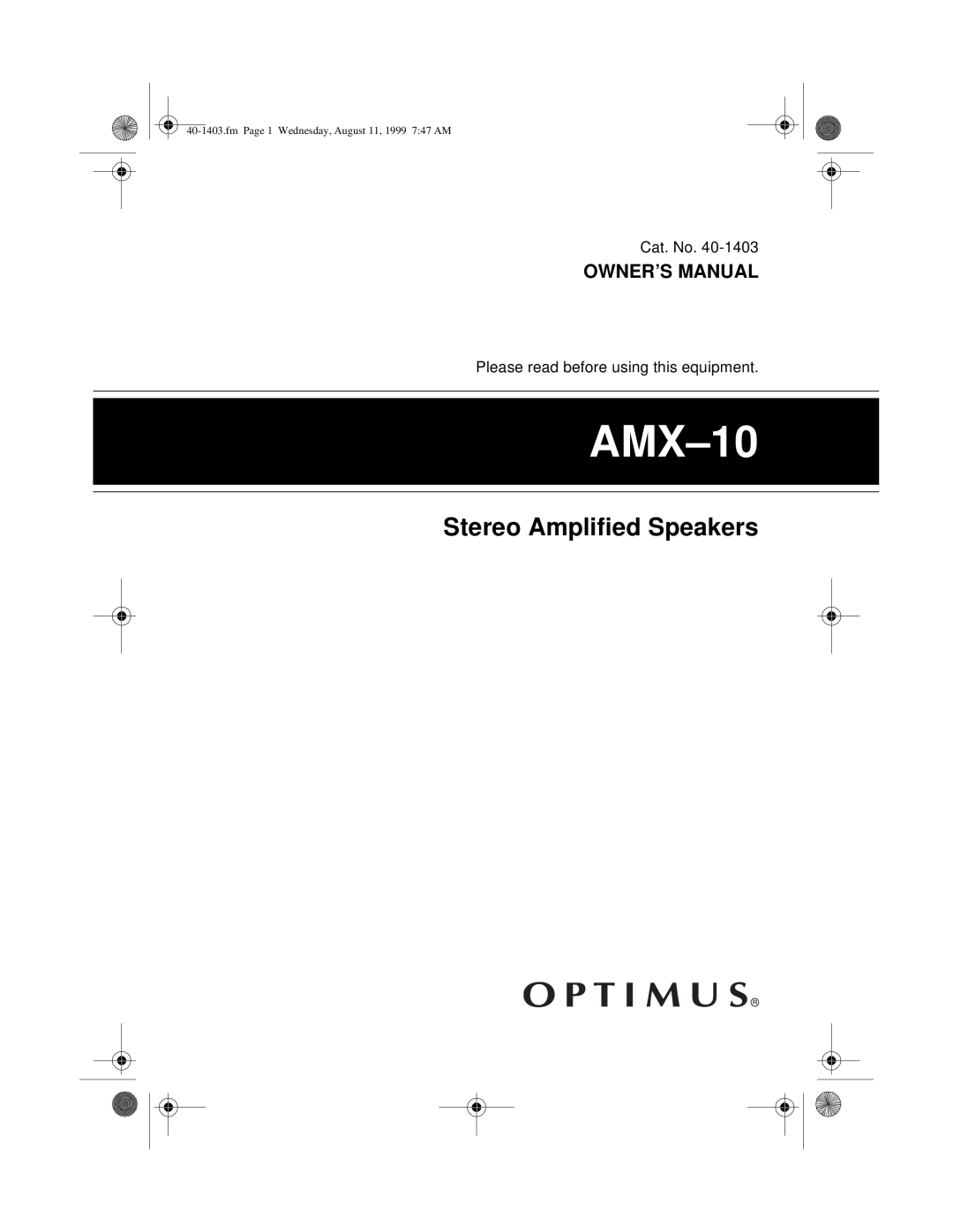 Optimus AMX-10, 40-1403 owner manual Stereo Amplified Speakers 
