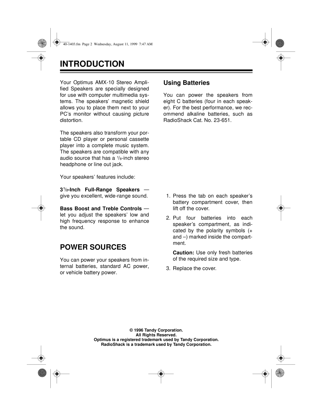 Optimus 40-1403, AMX-10 owner manual Introduction, Power Sources, Using Batteries, 31/2-Inch Full-RangeSpeakers 