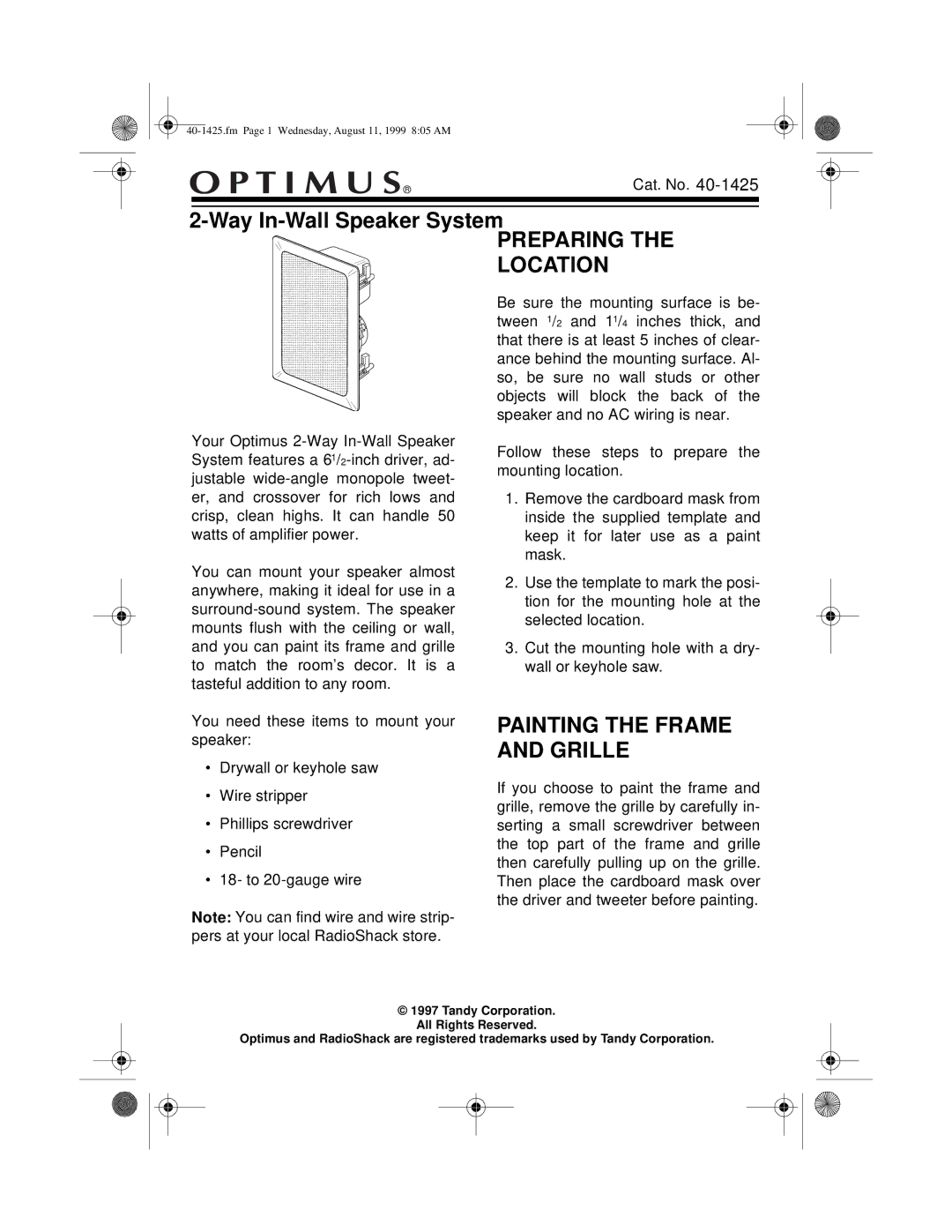 Optimus 40-1425 manual Preparing the Location, Painting the Frame and Grille 