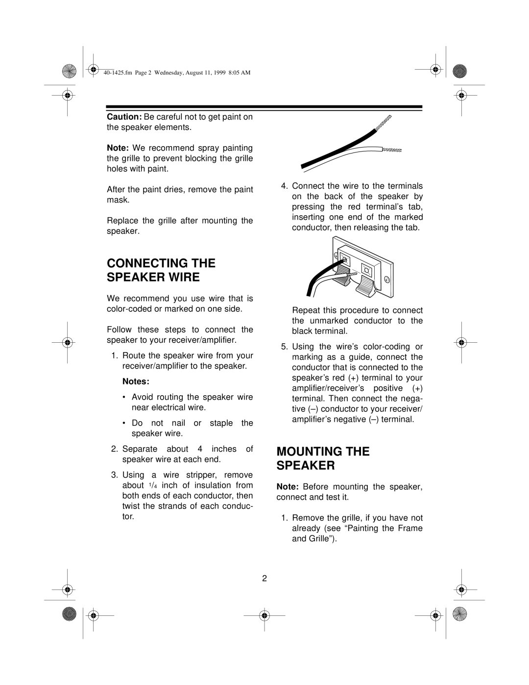 Optimus 40-1425 manual Connecting Speaker Wire, Mounting Speaker 