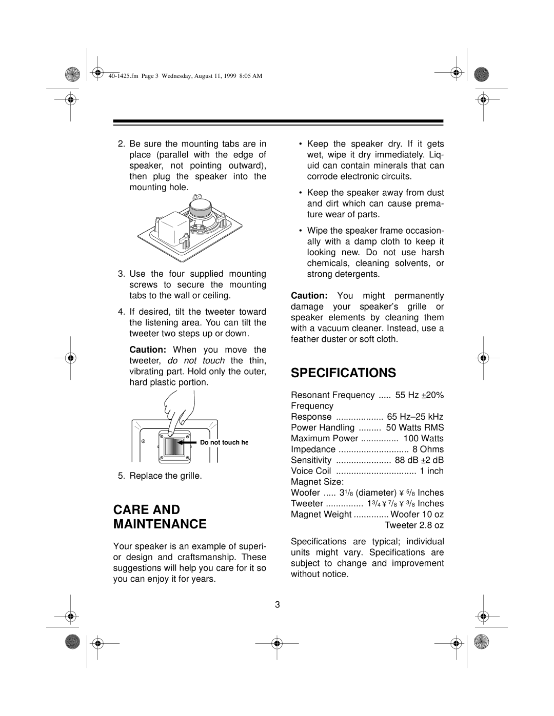 Optimus 40-1425 manual Care Maintenance, Specifications 