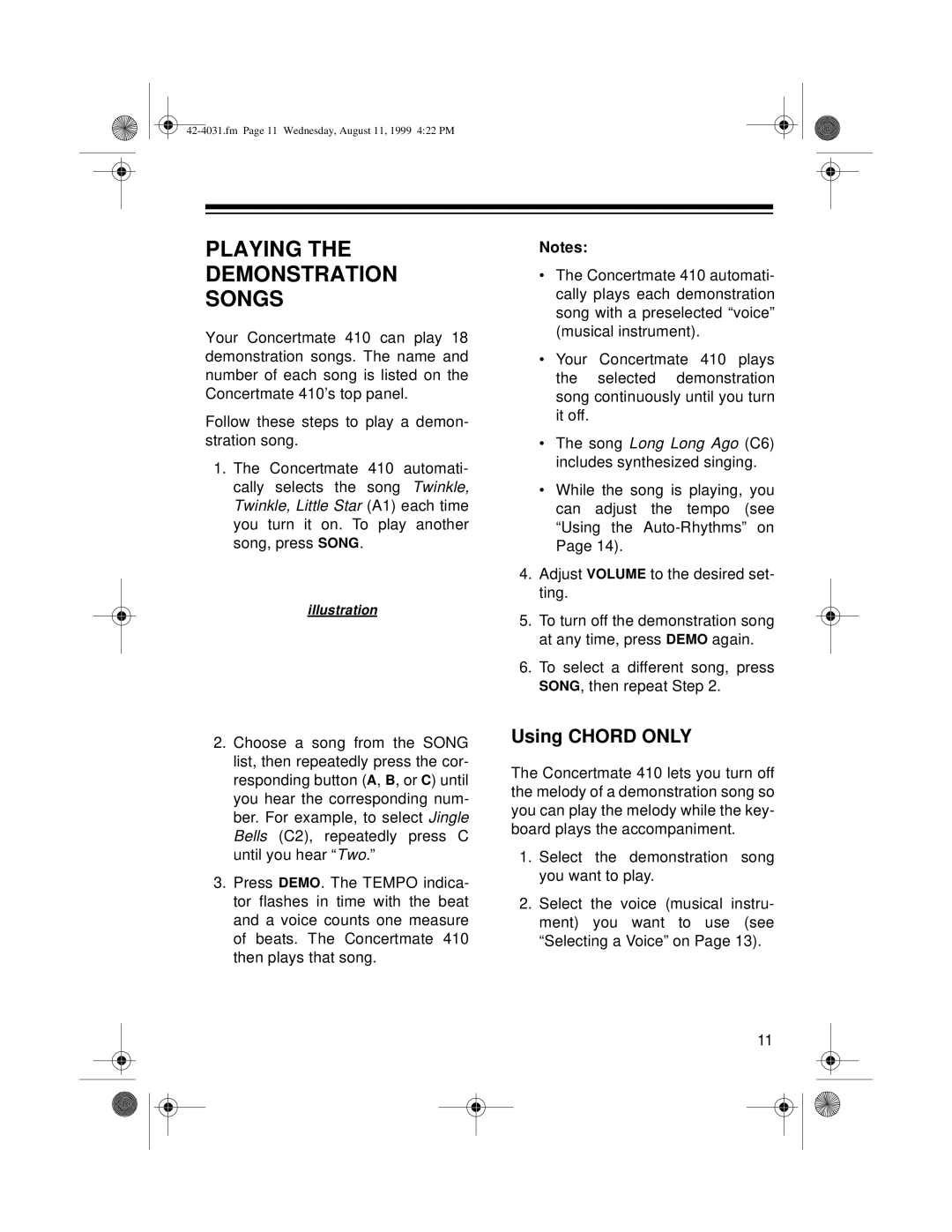 Optimus 42-4031, 410 owner manual Playing Demonstration Songs, Using Chord only 