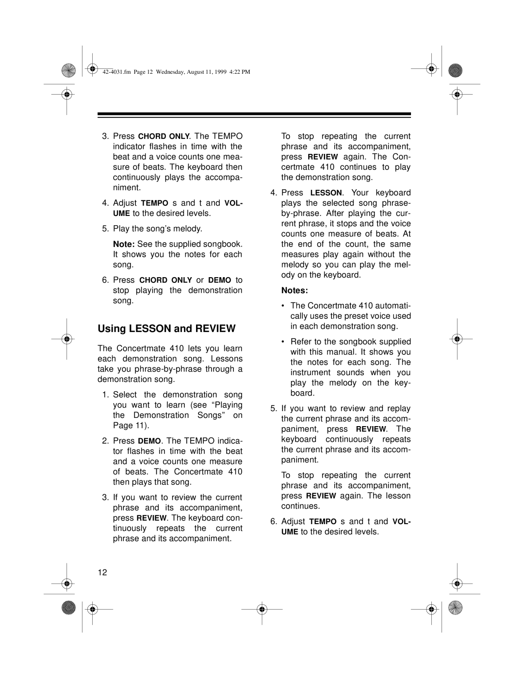 Optimus 410, 42-4031 owner manual Using Lesson and Review 