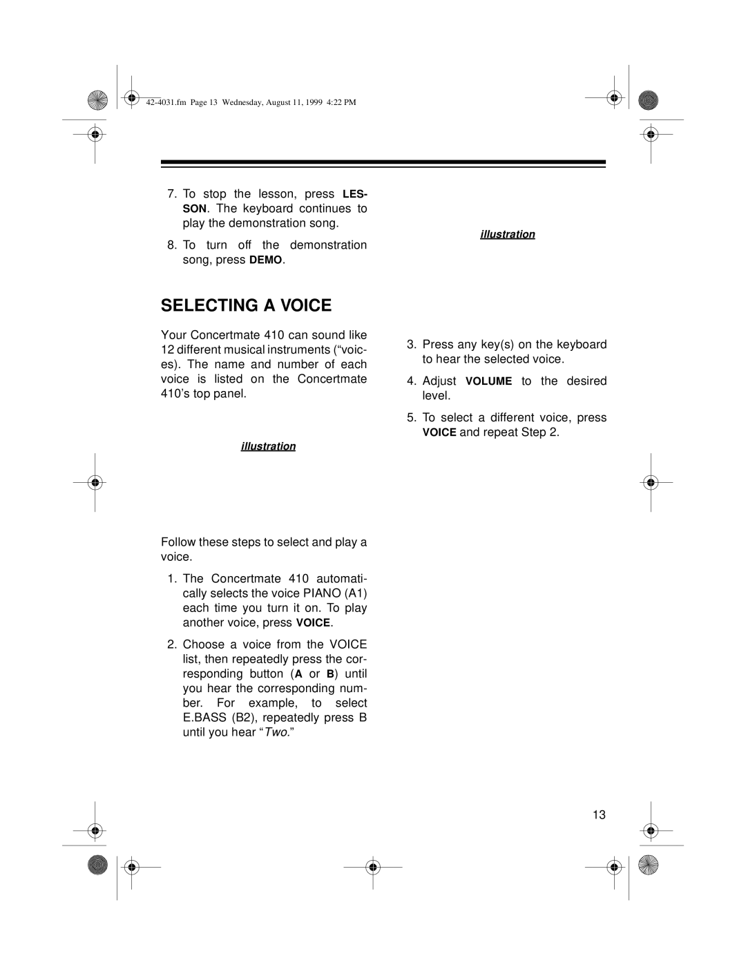 Optimus 42-4031, 410 owner manual Selecting a Voice 