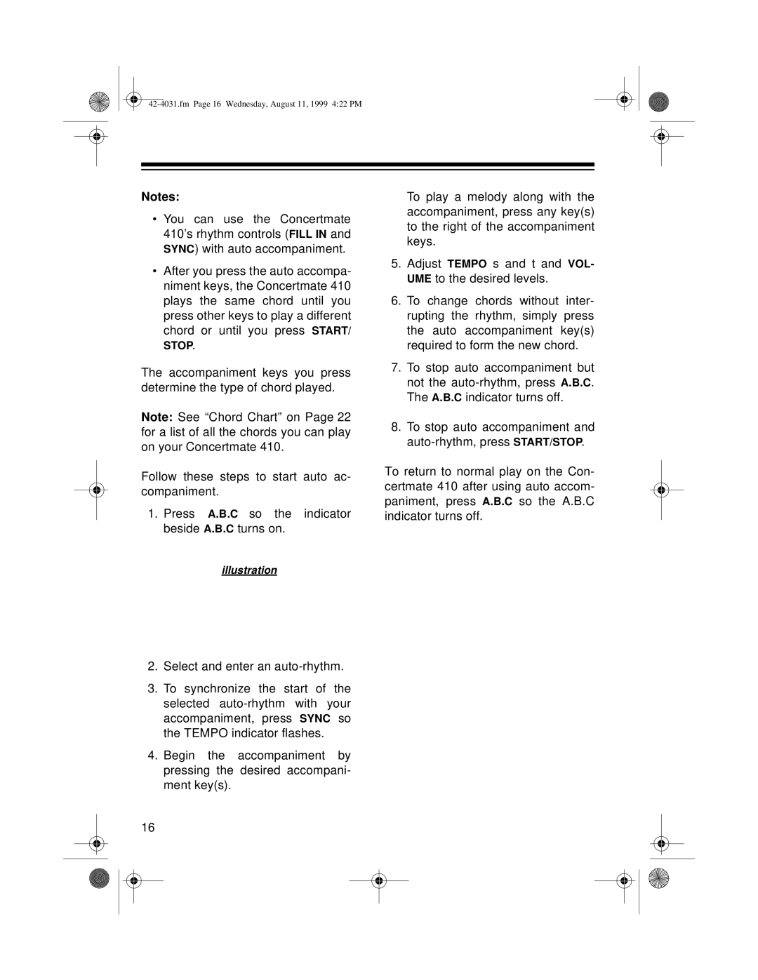 Optimus 410, 42-4031 owner manual Fm Page 16 Wednesday, August 11, 1999 422 PM 