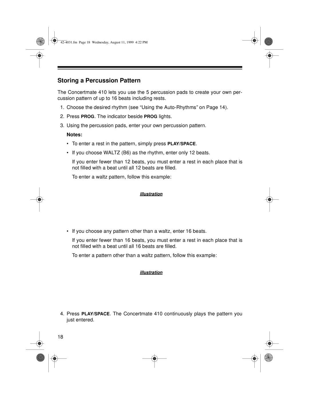 Optimus 410, 42-4031 owner manual Storing a Percussion Pattern 