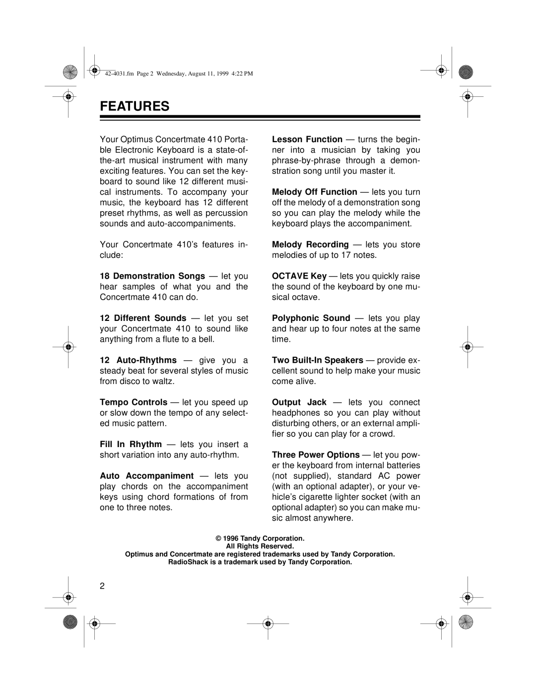 Optimus 410, 42-4031 owner manual Features 