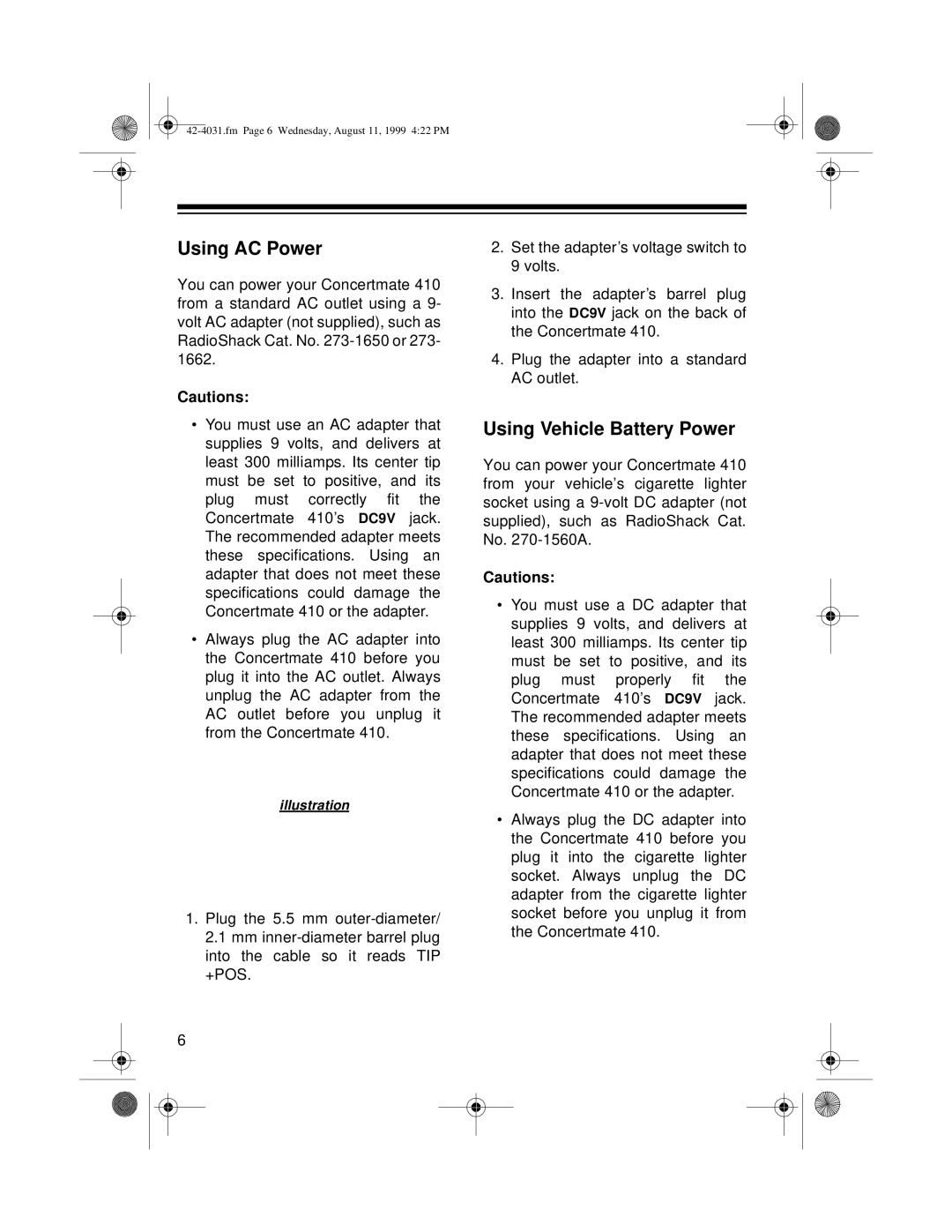 Optimus 410, 42-4031 owner manual Using AC Power, Using Vehicle Battery Power 