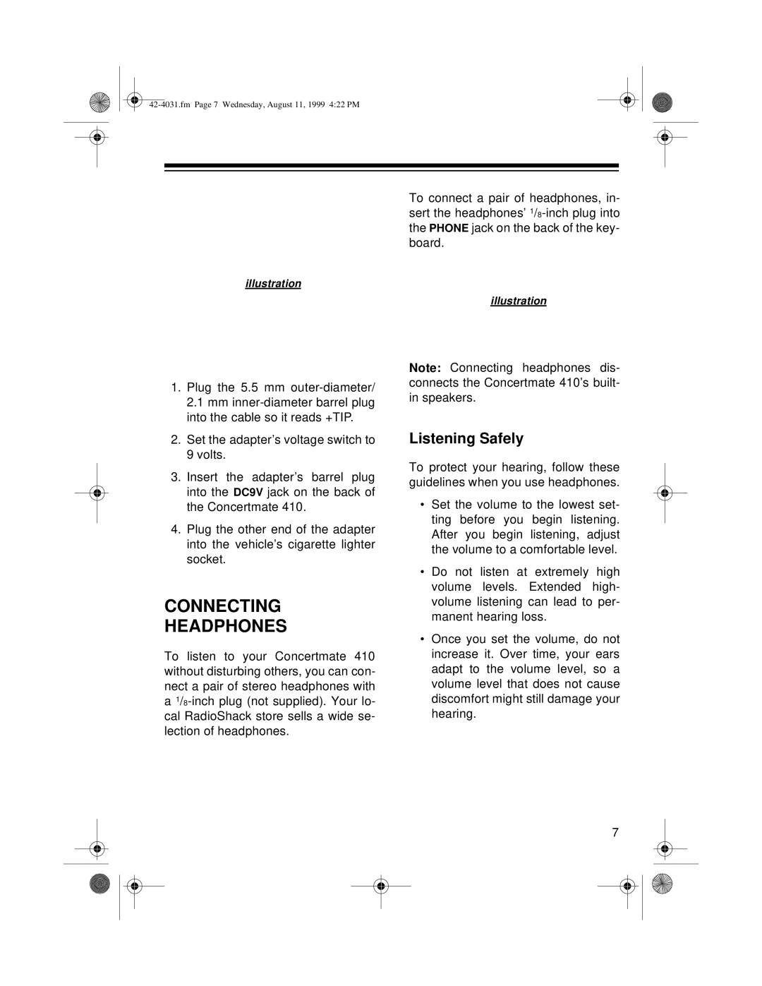 Optimus 42-4031, 410 owner manual Connecting Headphones, Listening Safely 