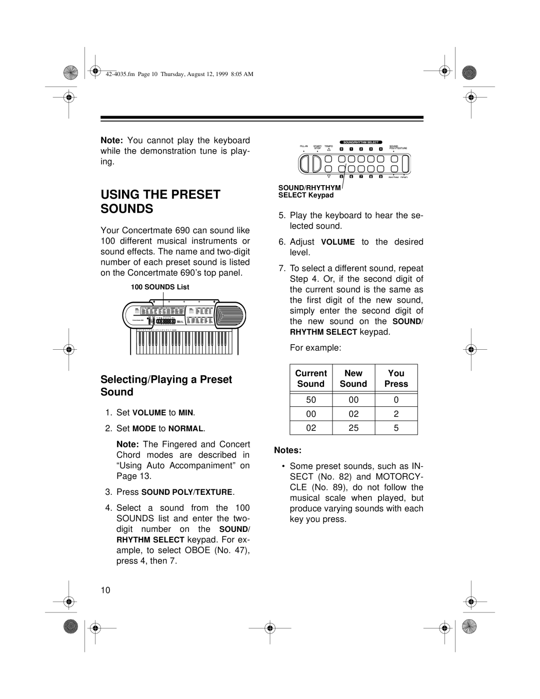 Optimus 42-4035 owner manual Using the Preset Sounds, Selecting/Playing a Preset Sound, Current New You Sound Press 