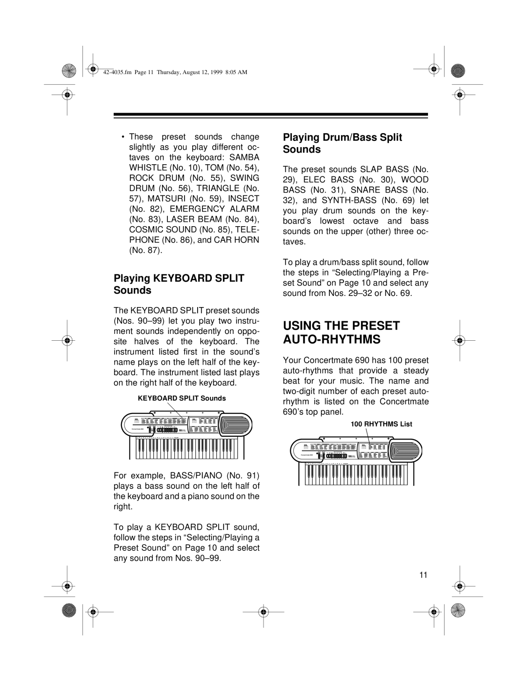 Optimus 42-4035 owner manual Using the Preset AUTO-RHYTHMS, Playing Keyboard Split Sounds, Playing Drum/Bass Split Sounds 