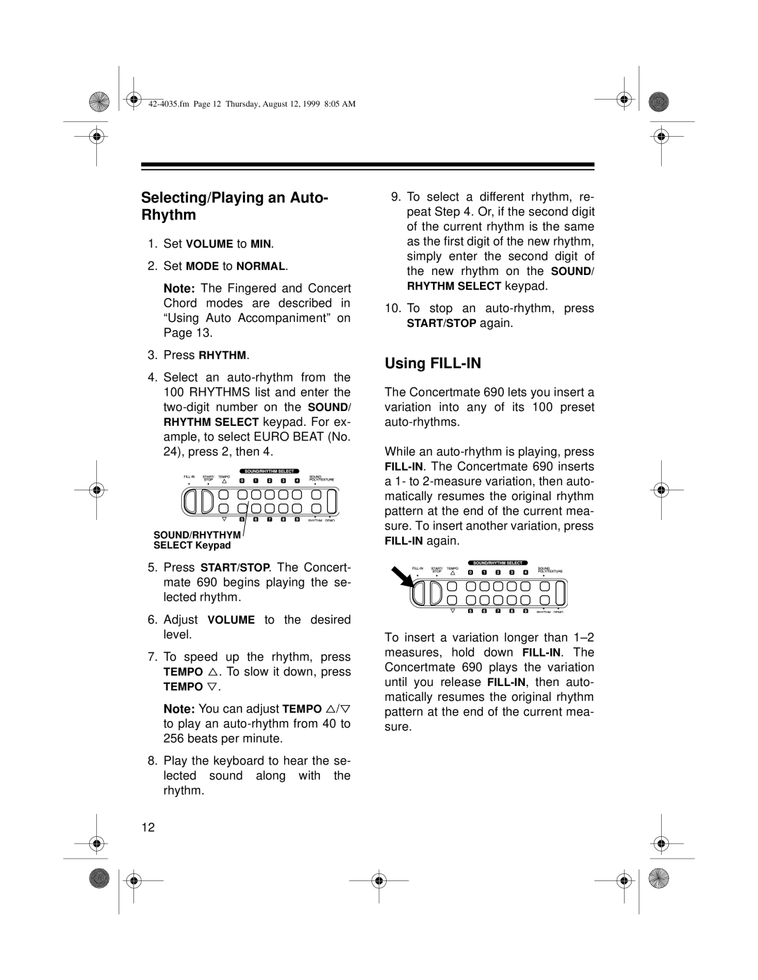 Optimus 42-4035 owner manual Selecting/Playing an Auto- Rhythm, Using FILL-IN 