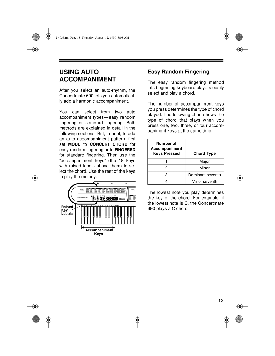 Optimus 42-4035 owner manual Using Auto Accompaniment, Easy Random Fingering 