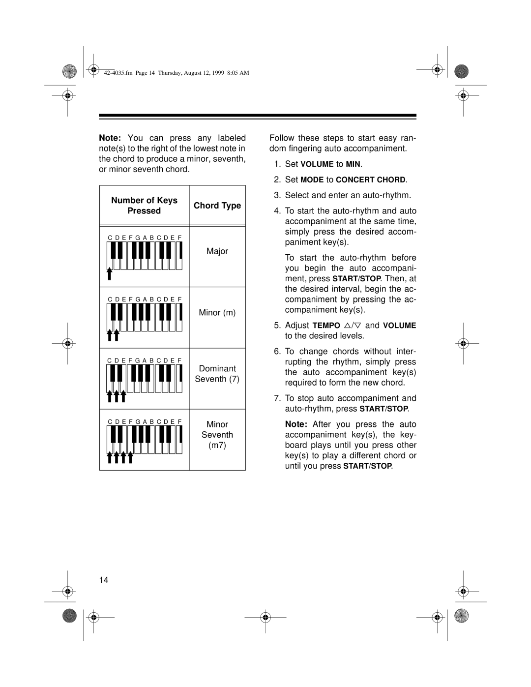 Optimus 42-4035 owner manual Number of Keys, Pressed Chord Type 