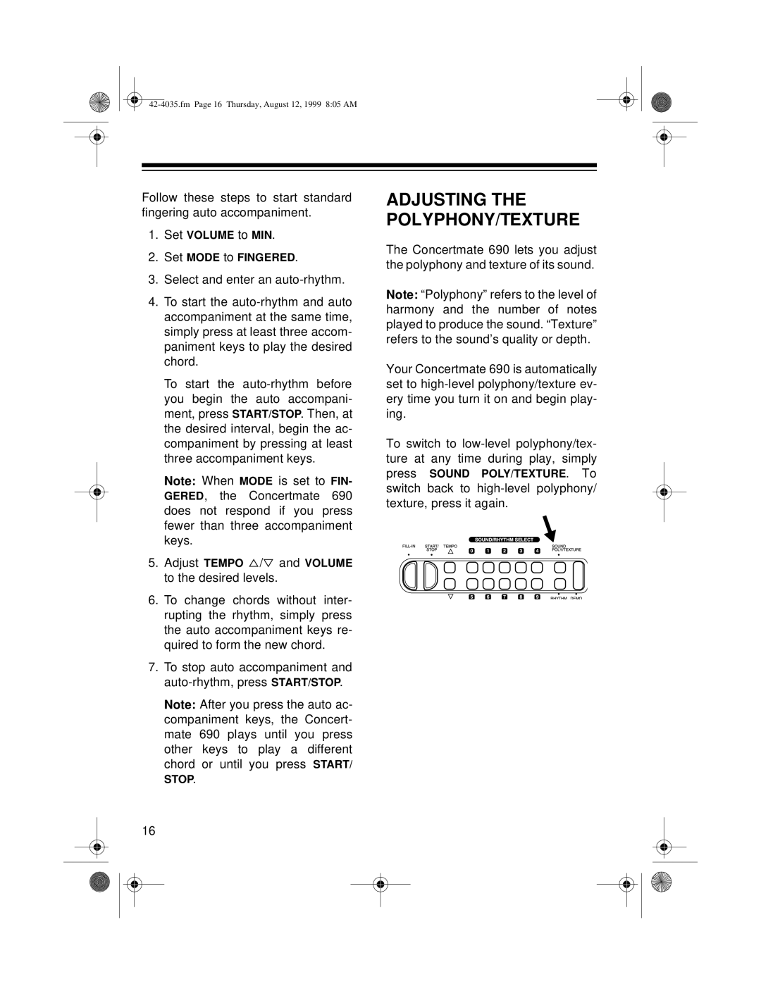 Optimus 42-4035 owner manual Adjusting the POLYPHONY/TEXTURE 