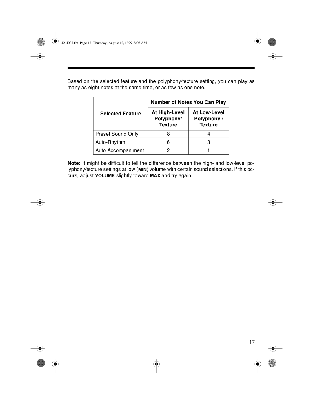 Optimus 42-4035 owner manual Number of Notes You Can Play, Selected Feature At High-Level At Low-Level Polyphony 