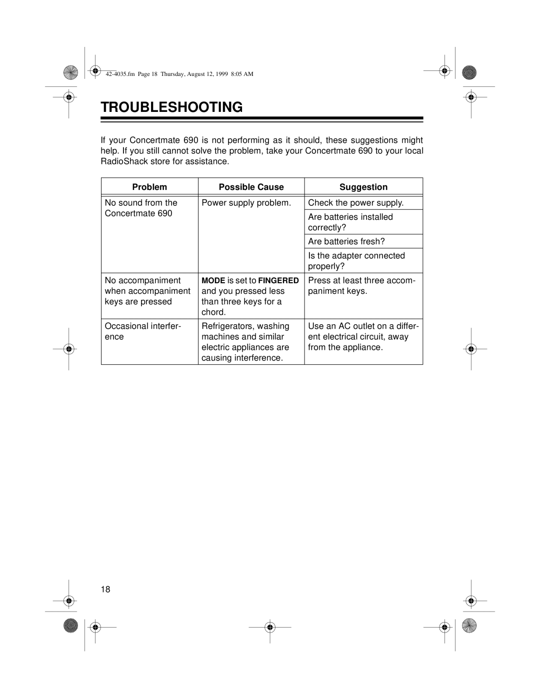 Optimus 42-4035 owner manual Troubleshooting, Problem Possible Cause Suggestion 