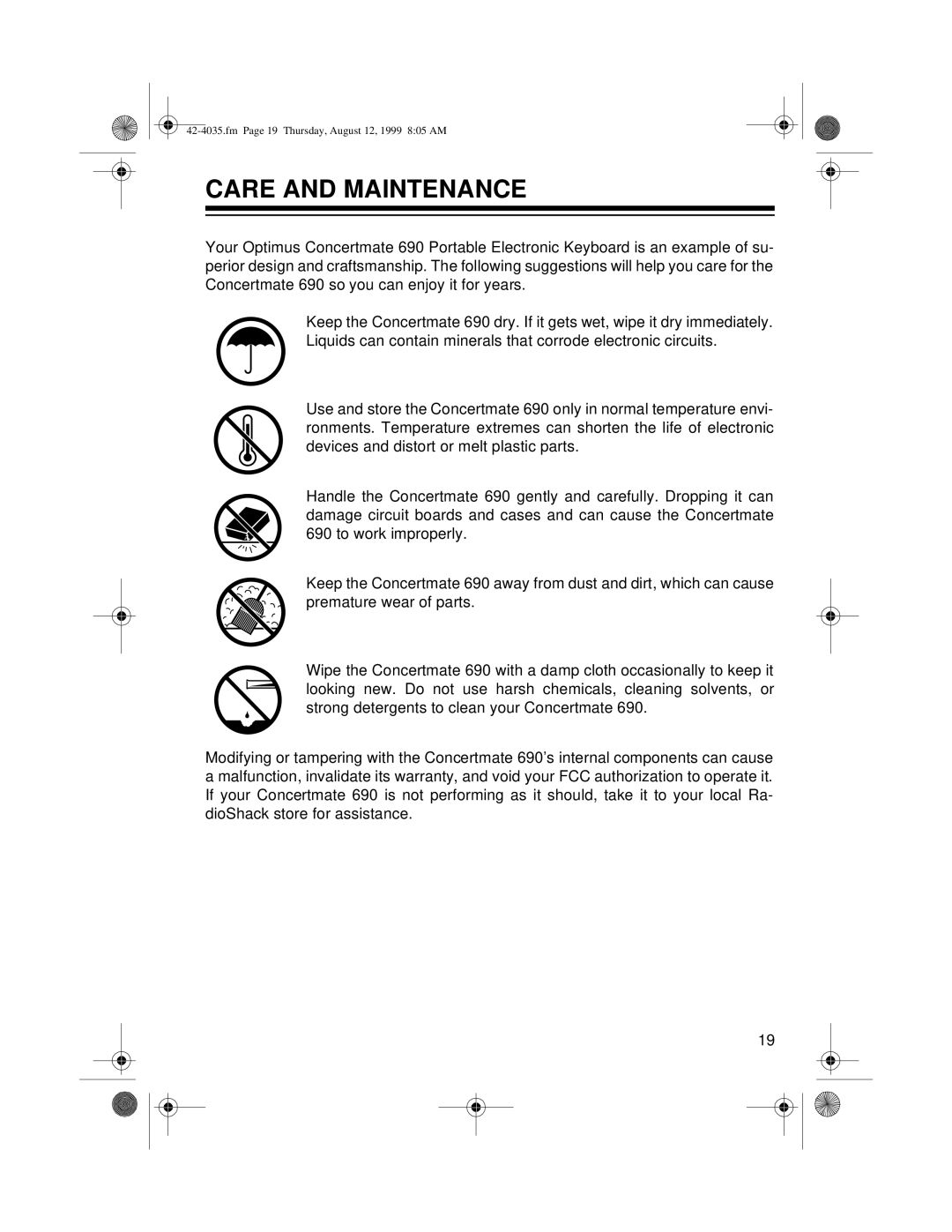 Optimus 42-4035 owner manual Care and Maintenance 