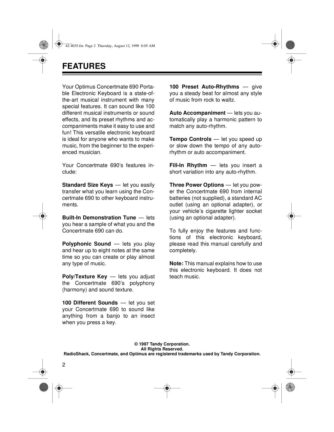 Optimus 42-4035 owner manual Features 