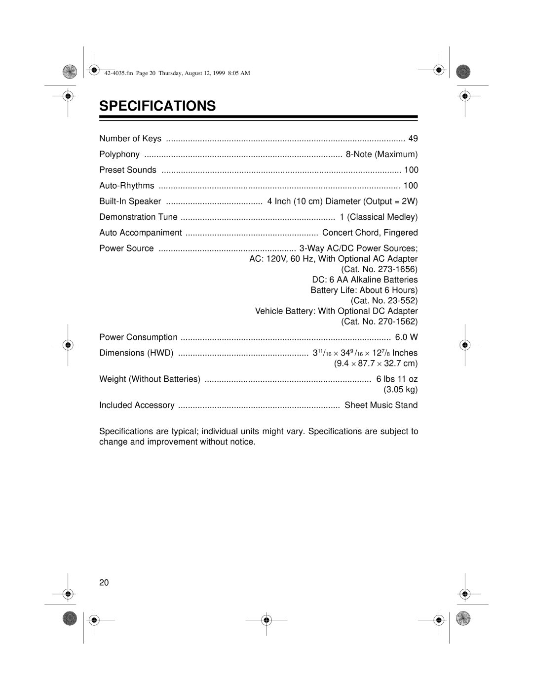 Optimus 42-4035 owner manual Specifications 