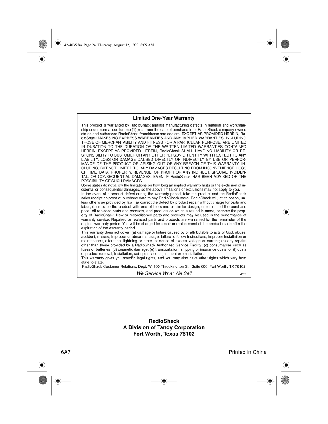 Optimus 42-4035 owner manual RadioShack Division of Tandy Corporation Fort Worth, Texas, Limited One-Year Warranty 