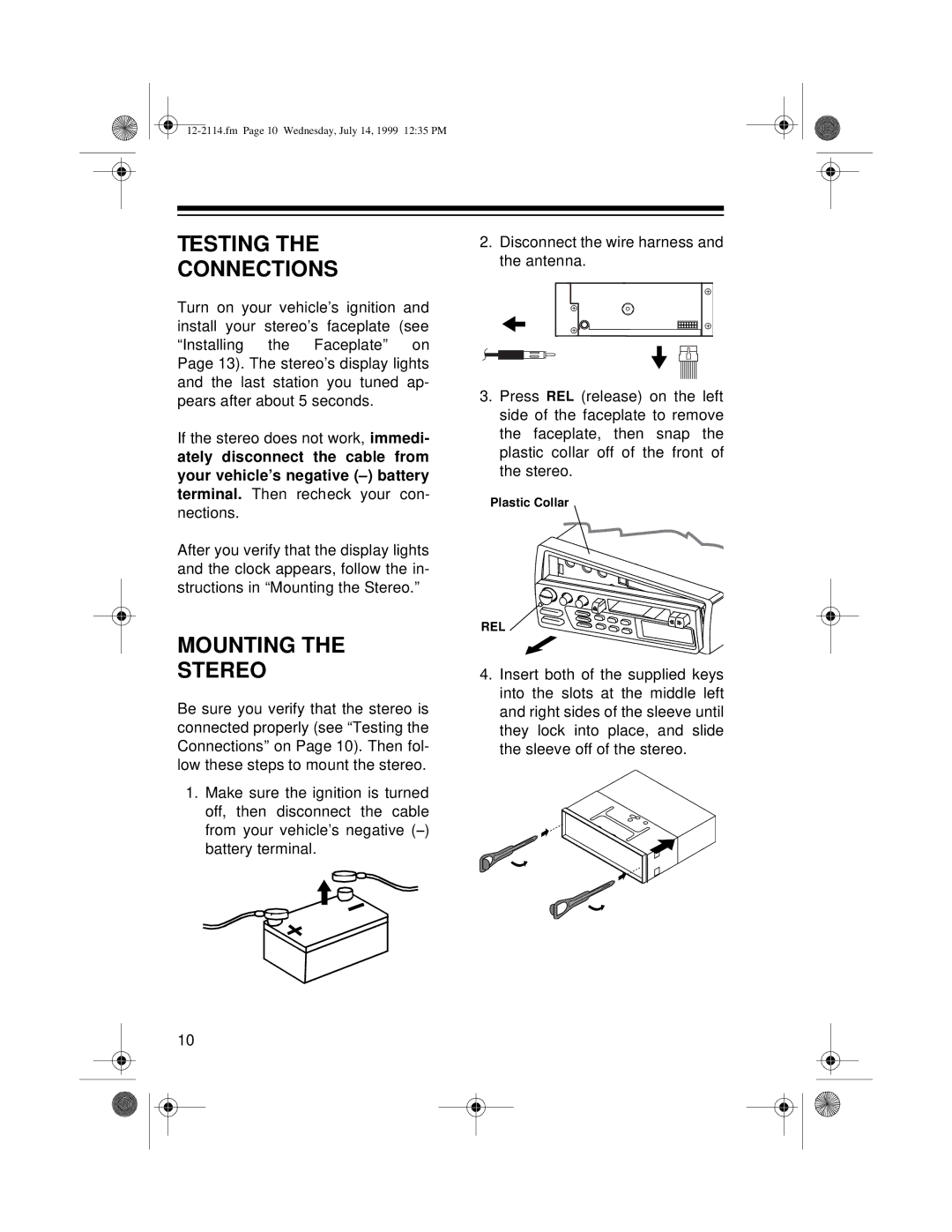 Optimus 4301-3838-0, 12-2114 owner manual Testing Connections, Mounting Stereo 