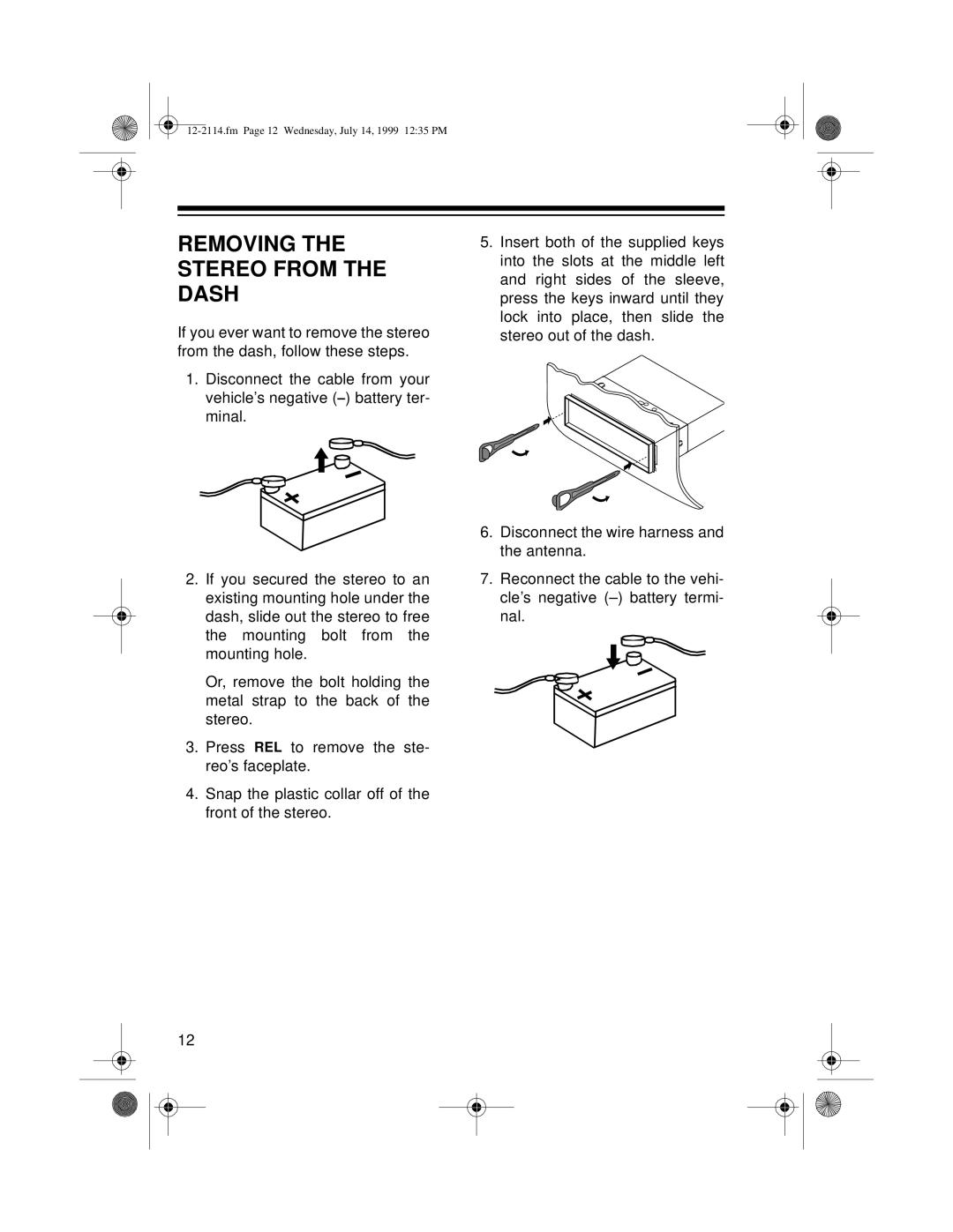 Optimus 4301-3838-0, 12-2114 owner manual Removing the Stereo from the Dash 