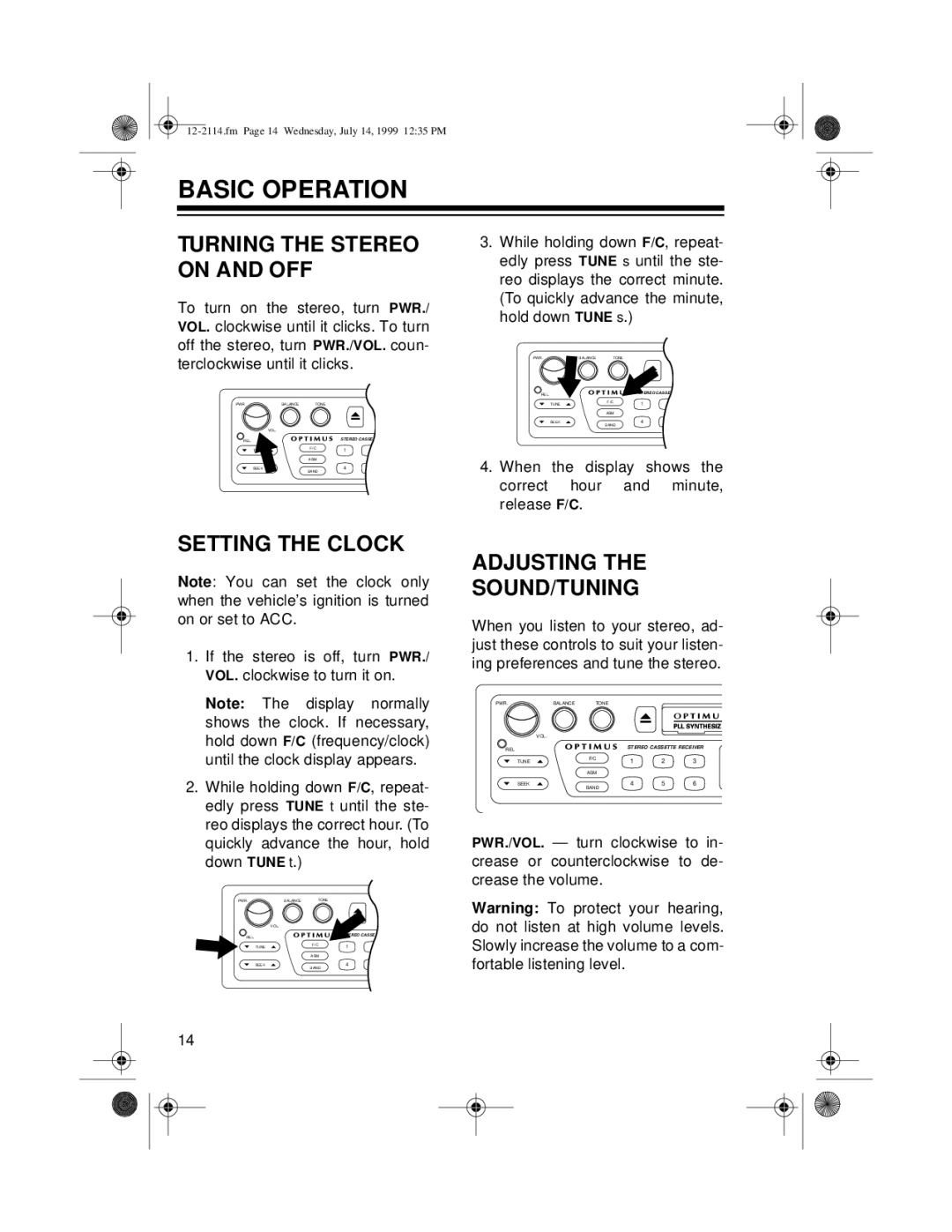 Optimus 4301-3838-0, 12-2114 Basic Operation, Turning the Stereo on and OFF, Setting the Clock, Adjusting SOUND/TUNING 