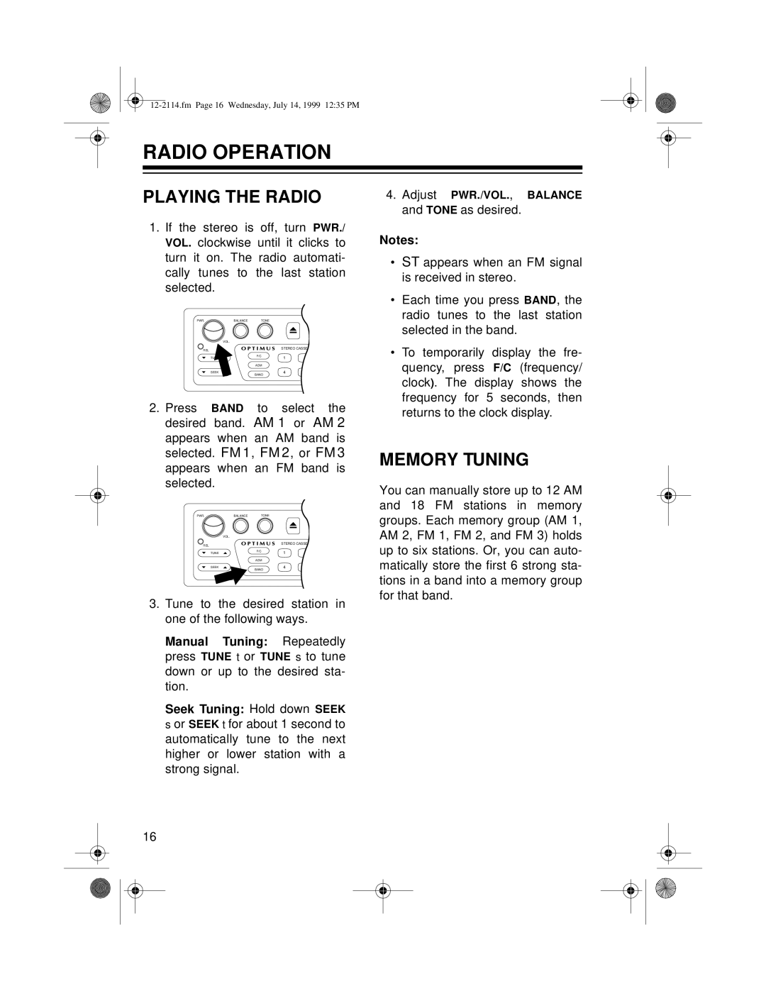 Optimus 4301-3838-0, 12-2114 owner manual Radio Operation, Playing the Radio, Memory Tuning 