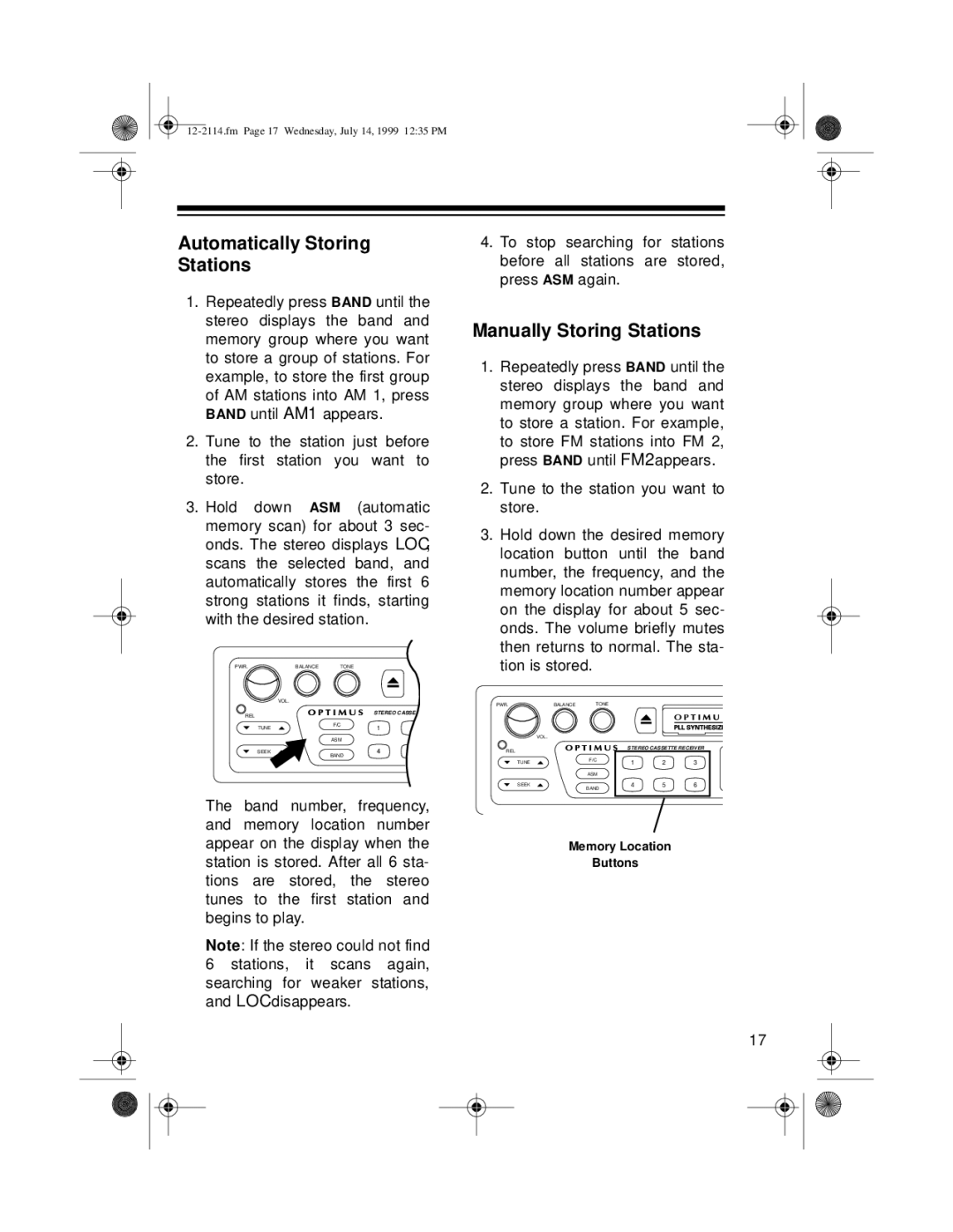 Optimus 12-2114, 4301-3838-0 owner manual Automatically Storing Stations, Manually Storing Stations 