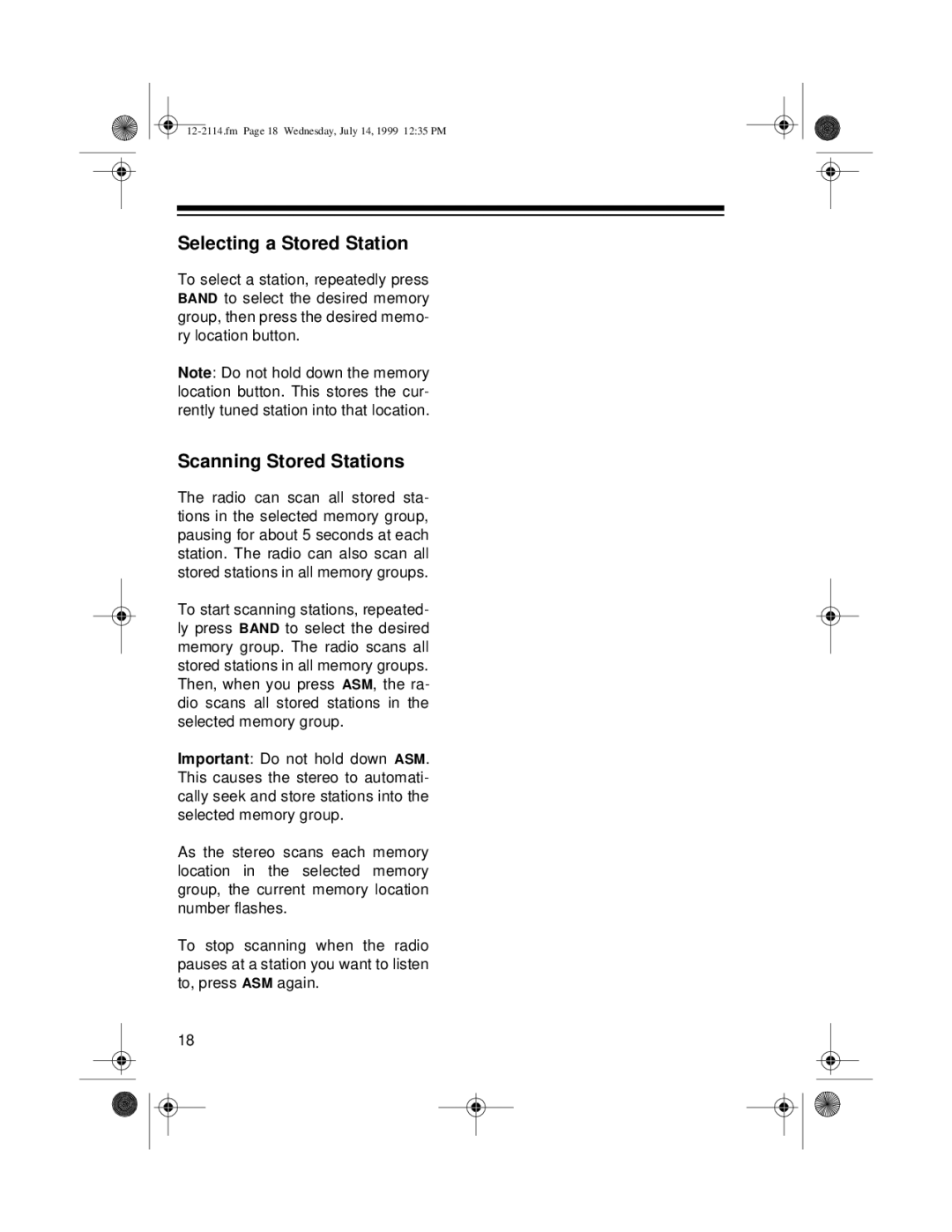 Optimus 4301-3838-0, 12-2114 owner manual Selecting a Stored Station, Scanning Stored Stations 