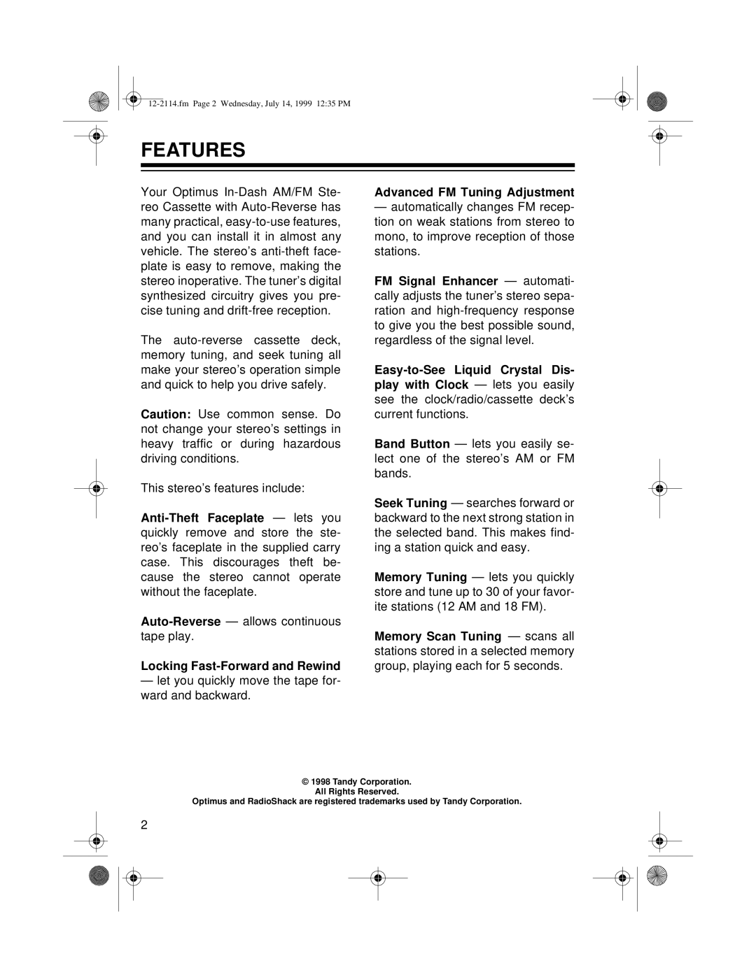 Optimus 4301-3838-0, 12-2114 owner manual Features, Advanced FM Tuning Adjustment 