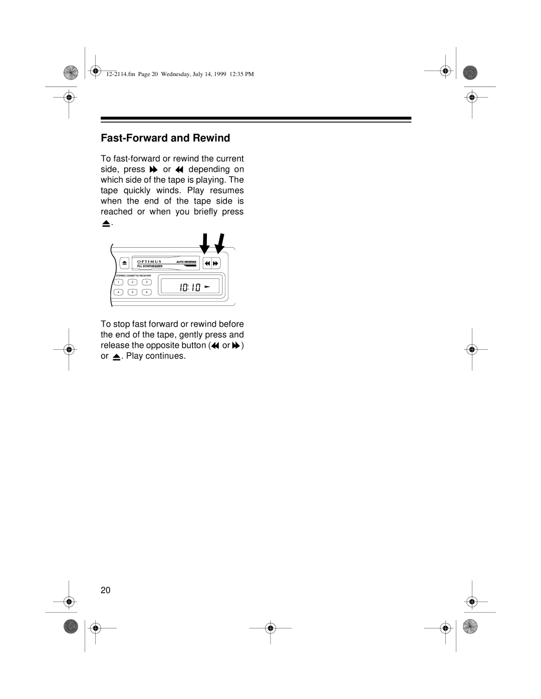 Optimus 4301-3838-0, 12-2114 owner manual Fast-Forward and Rewind 