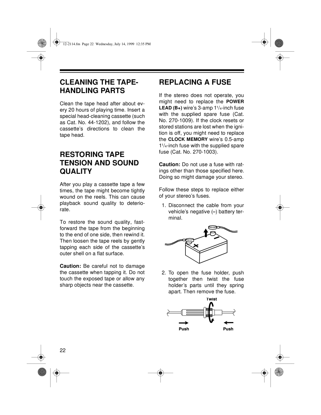 Optimus 4301-3838-0, 12-2114 owner manual Restoring Tape Tension and Sound Quality, Replacing a Fuse 